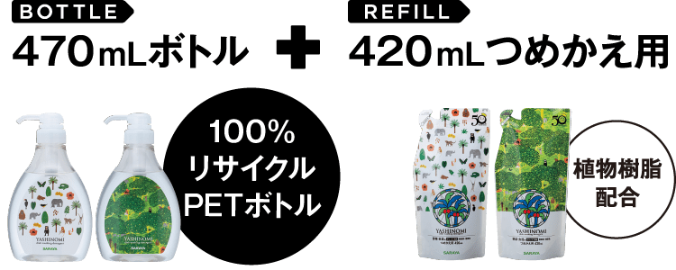 100%リサイクルPETボトル、植物樹脂配合